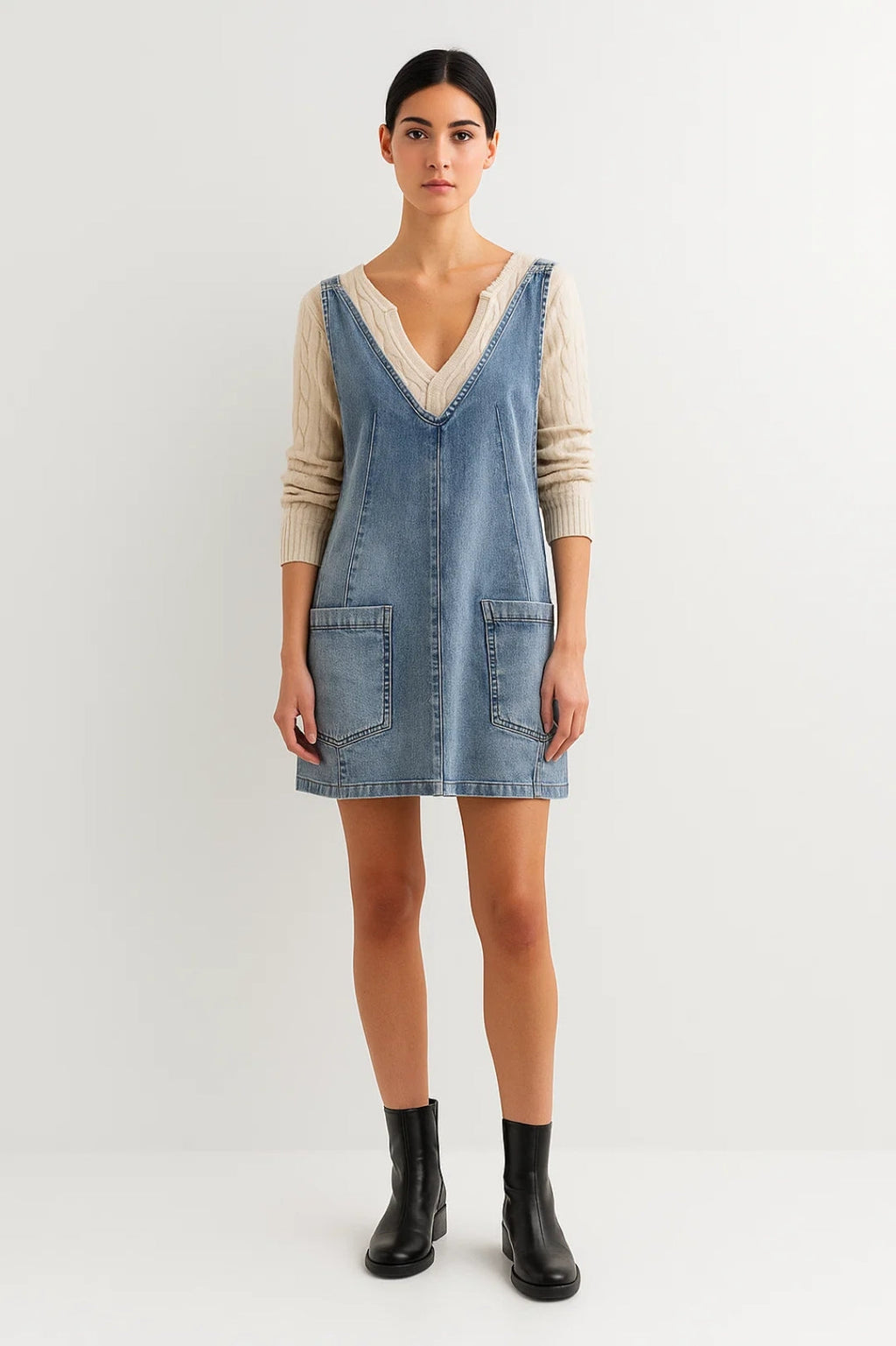 Vielseitiges Jeanskleid – Lässiger V-Ausschnitt mit praktischen Taschen