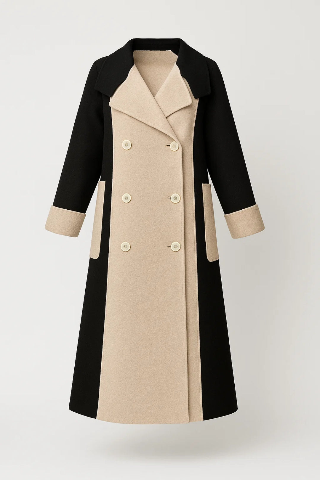 Eleganter Langer Mantel | Zweifarbiges Design mit Knopfleiste – Stilvoll & Gemütlich