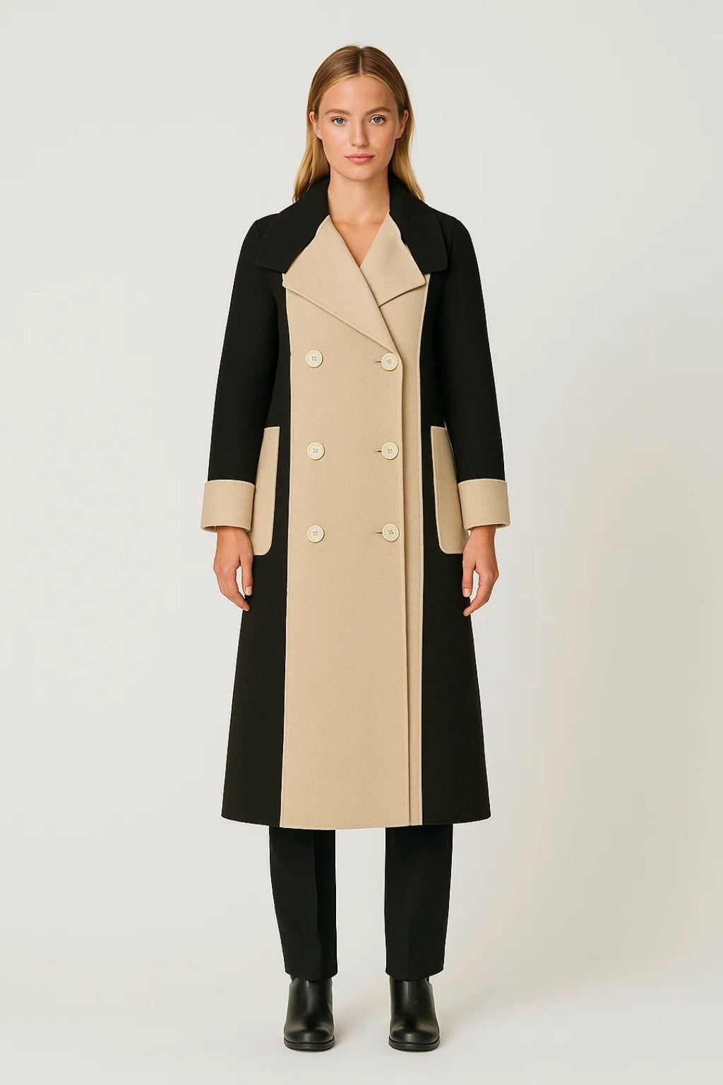 Eleganter Langer Mantel | Zweifarbiges Design mit Knopfleiste – Stilvoll & Gemütlich