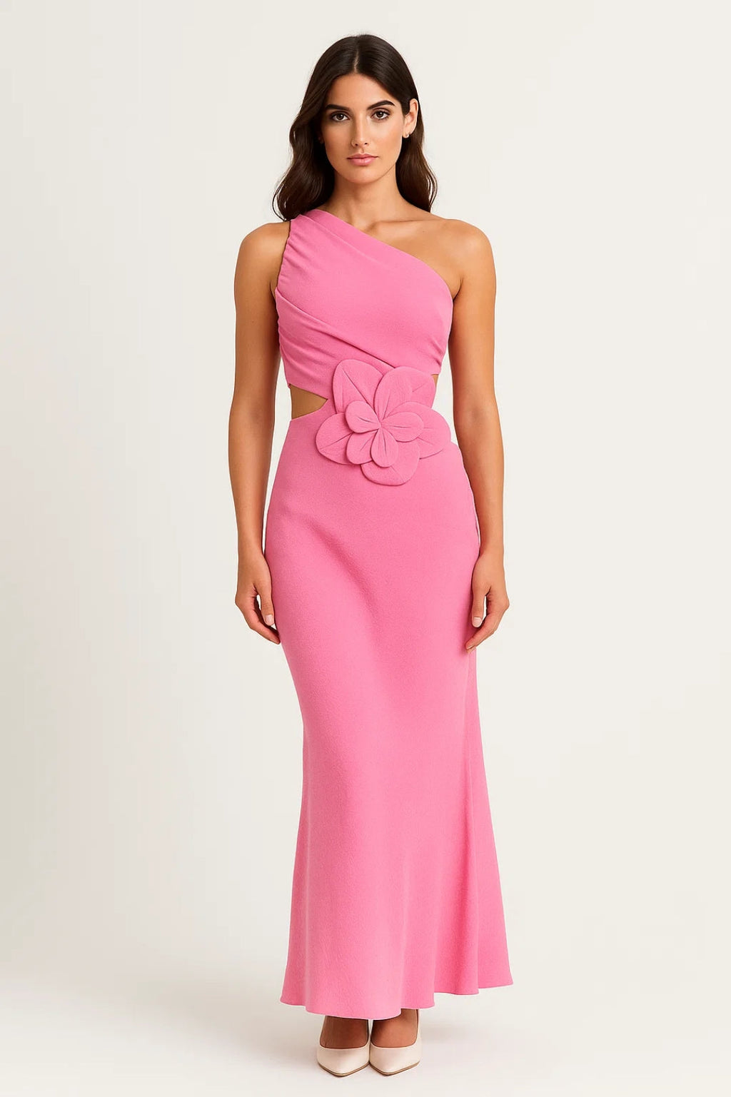 Elegantes Maxikleid | Asymmetrischer Schnitt mit Blütendetail – Mühelos stilvoll