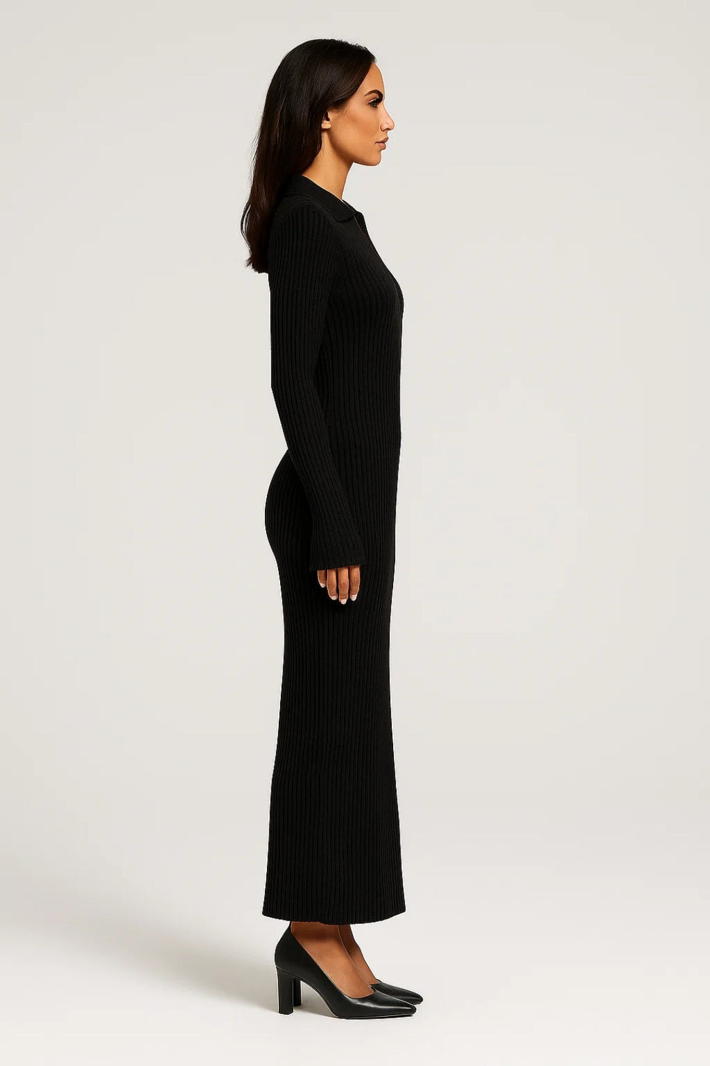 Elegantes Maxi Kleid – Langarm mit Kragen für mühelosen Stil