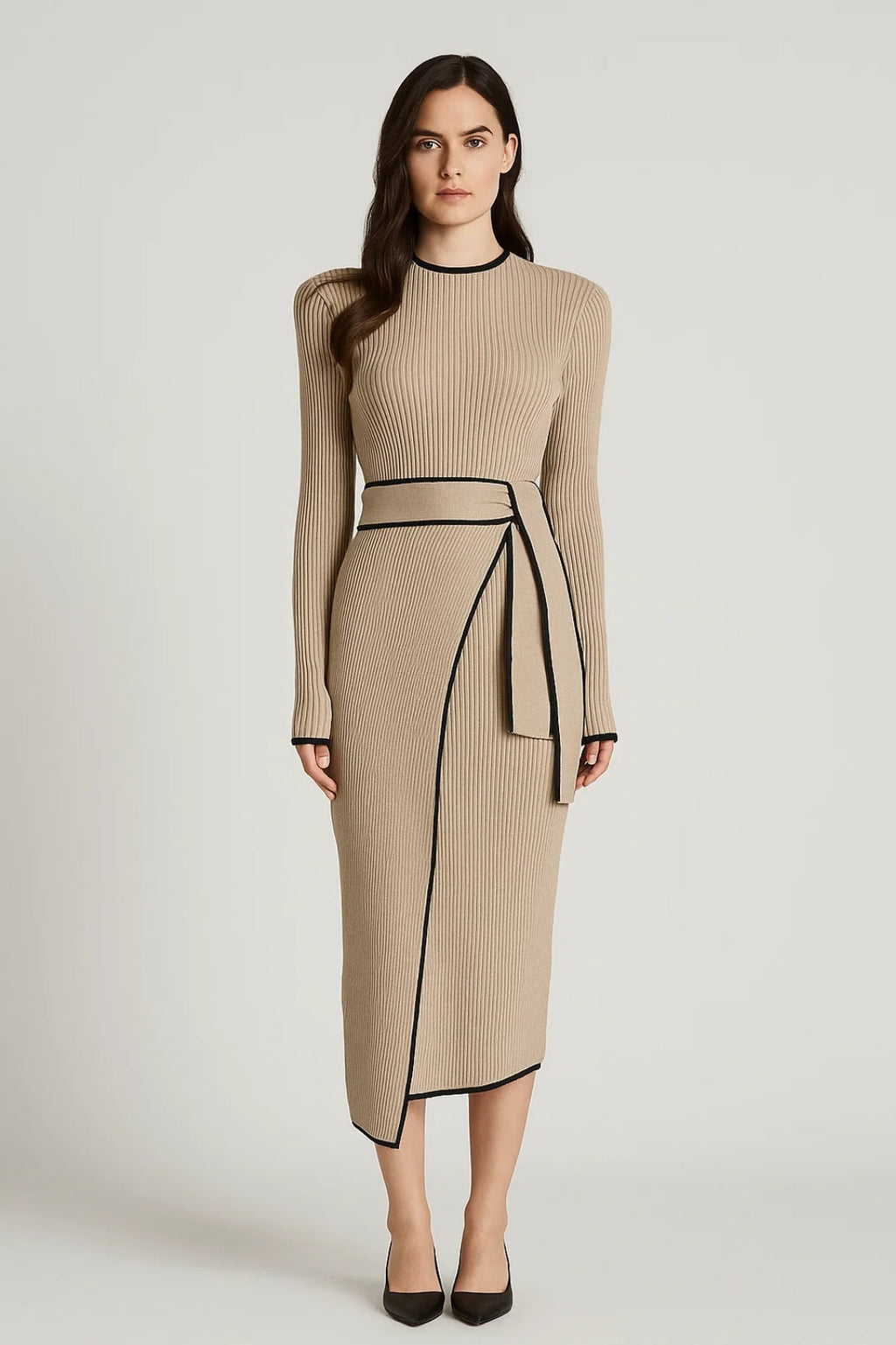 Elegantes Midi Kleid | Langarm mit Bindegürtel – Klassische Raffinesse