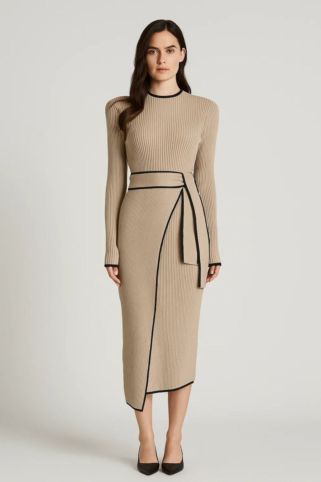 Elegantes Midi Kleid | Langarm mit Bindegürtel – Klassische Raffinesse