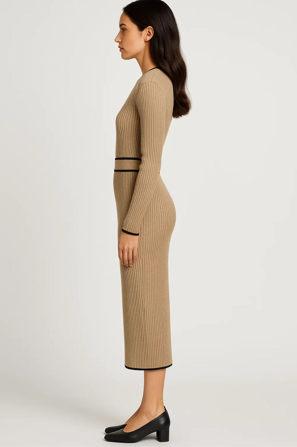 Elegantes Midi Kleid | Langarm mit Bindegürtel – Klassische Raffinesse