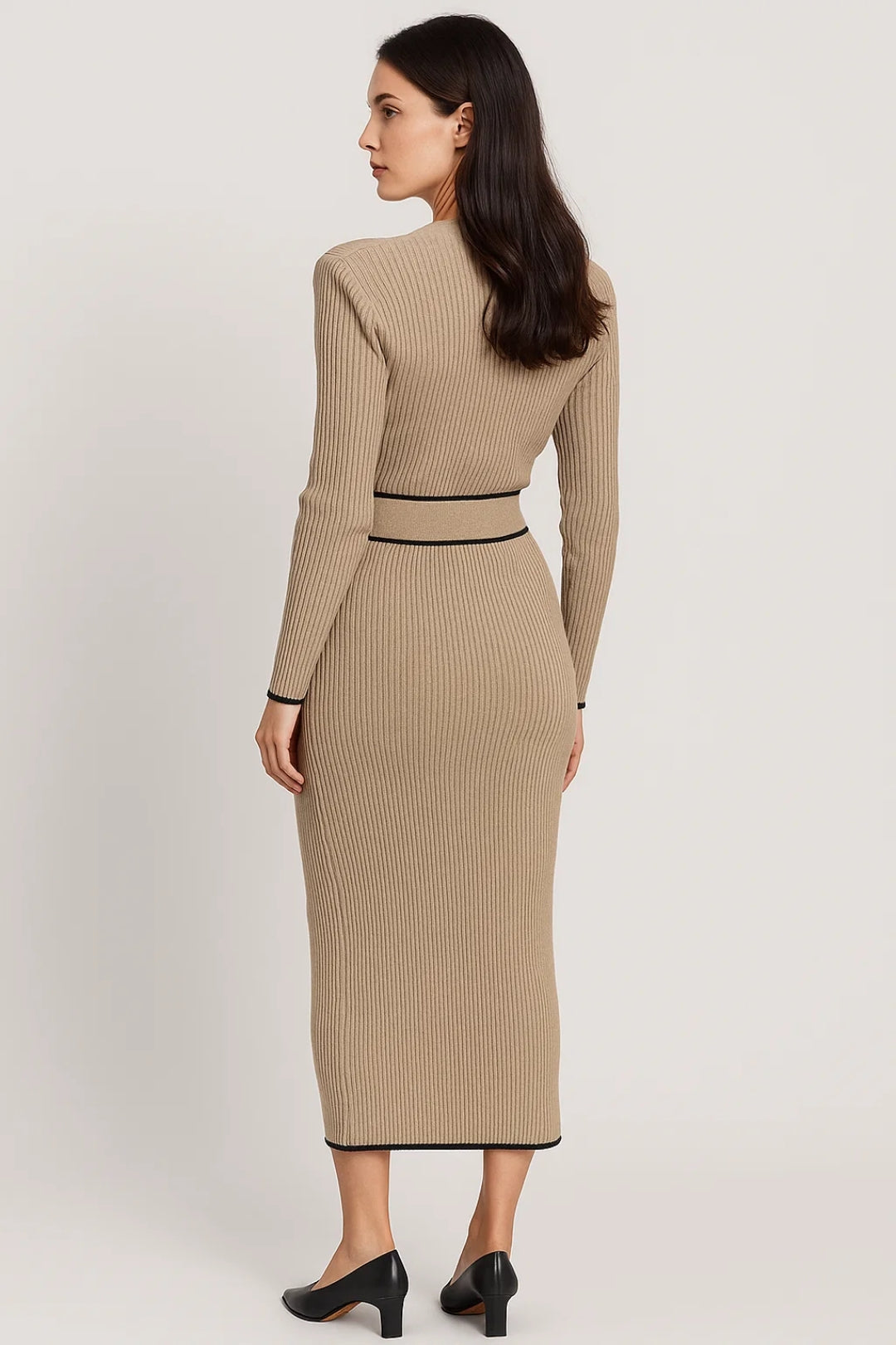 Elegantes Midi Kleid | Langarm mit Bindegürtel – Klassische Raffinesse