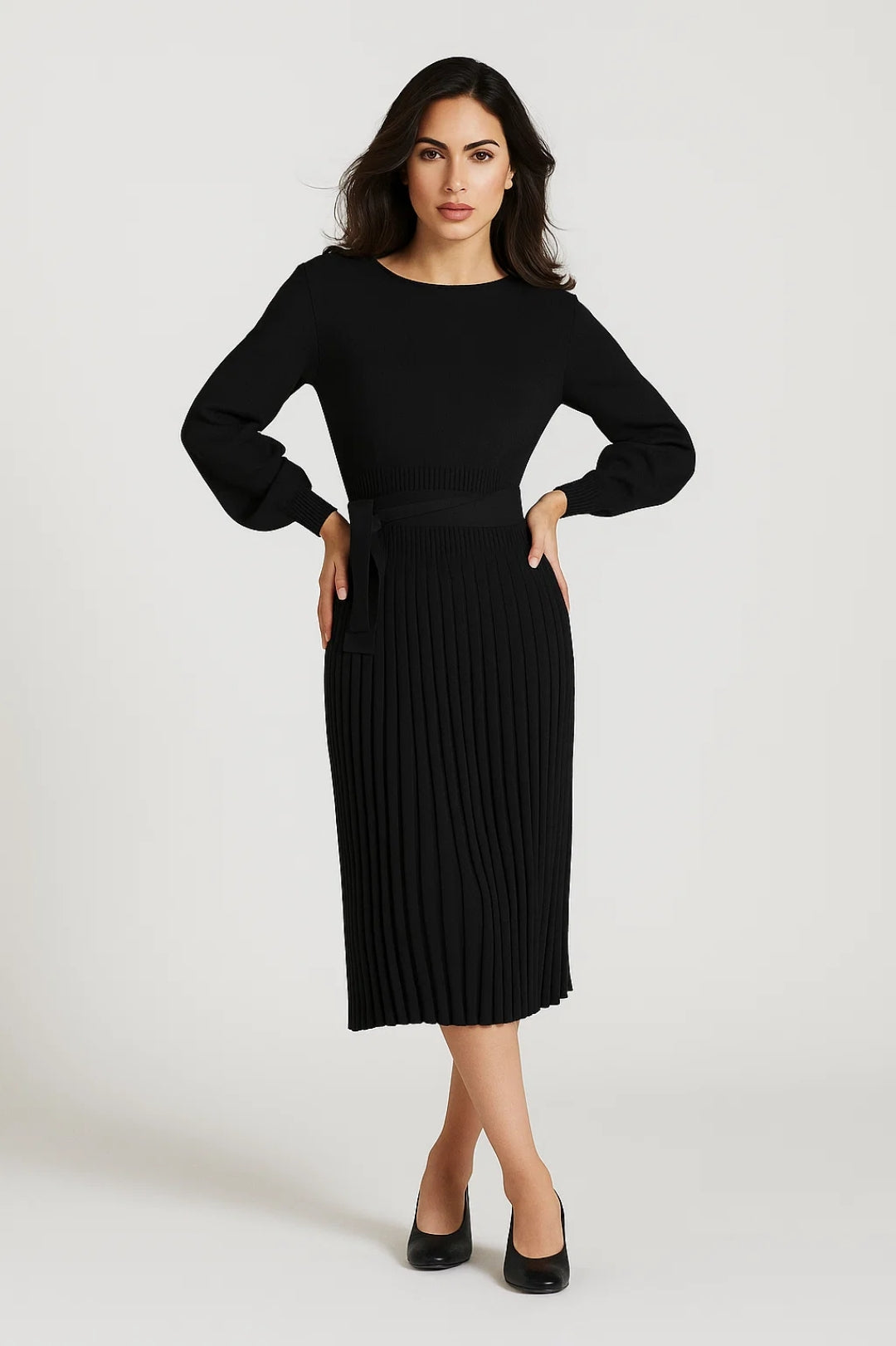 Elegantes Midi Kleid | Langarm & Faltenrock – Mühelos stilvoll für jeden Anlass