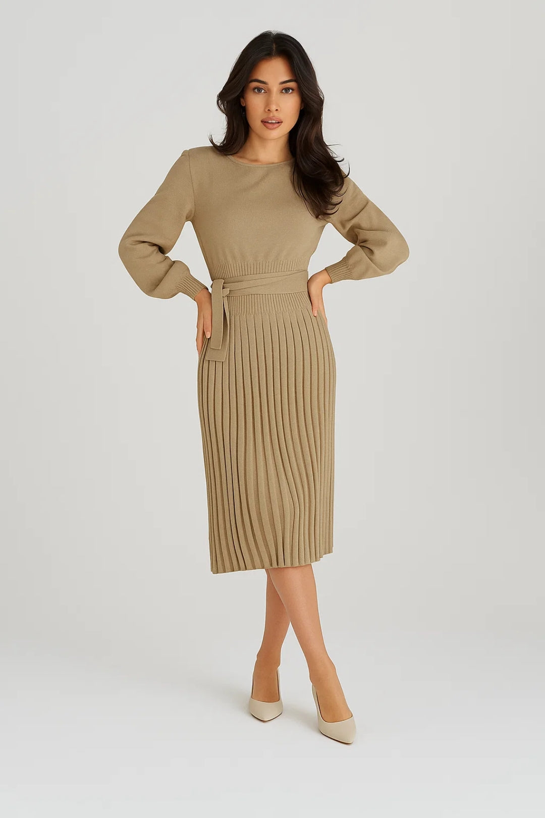 Elegantes Midi Kleid | Langarm & Faltenrock – Mühelos stilvoll für jeden Anlass