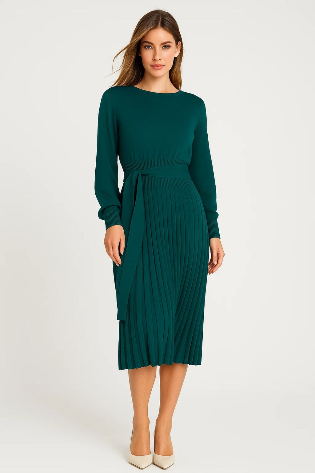 Elegantes Midi Kleid | Langarm & Faltenrock – Mühelos stilvoll für jeden Anlass