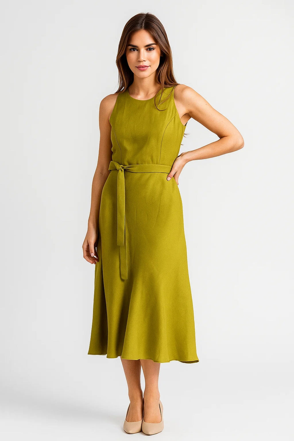 Ärmelloses Midi Kleid – Schlichte Eleganz mit Bindegürtel für jeden Anlass