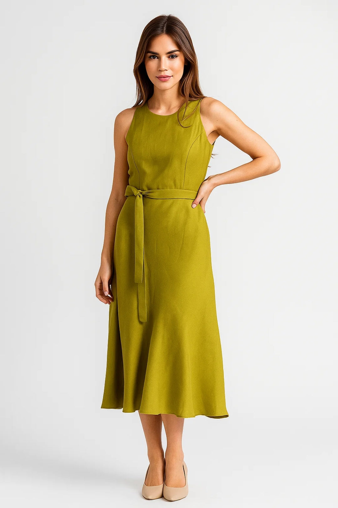 Ärmelloses Midi Kleid – Schlichte Eleganz mit Bindegürtel für jeden Anlass