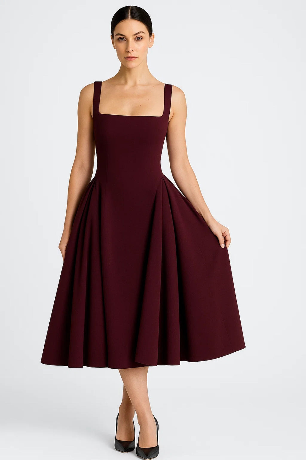 Elegantes Midikleid – Breite Träger & Ausgestellter Rock für Stilvolle Anlässe