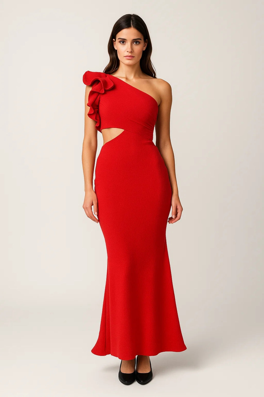 Elegantes One-Shoulder Midikleid | Rüschen-Detail & Taillenausschnitt