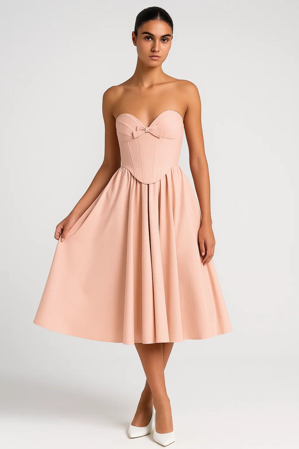 Elegantes Midikleid – Schulterfrei & Taillenbetont mit Schleifendetail