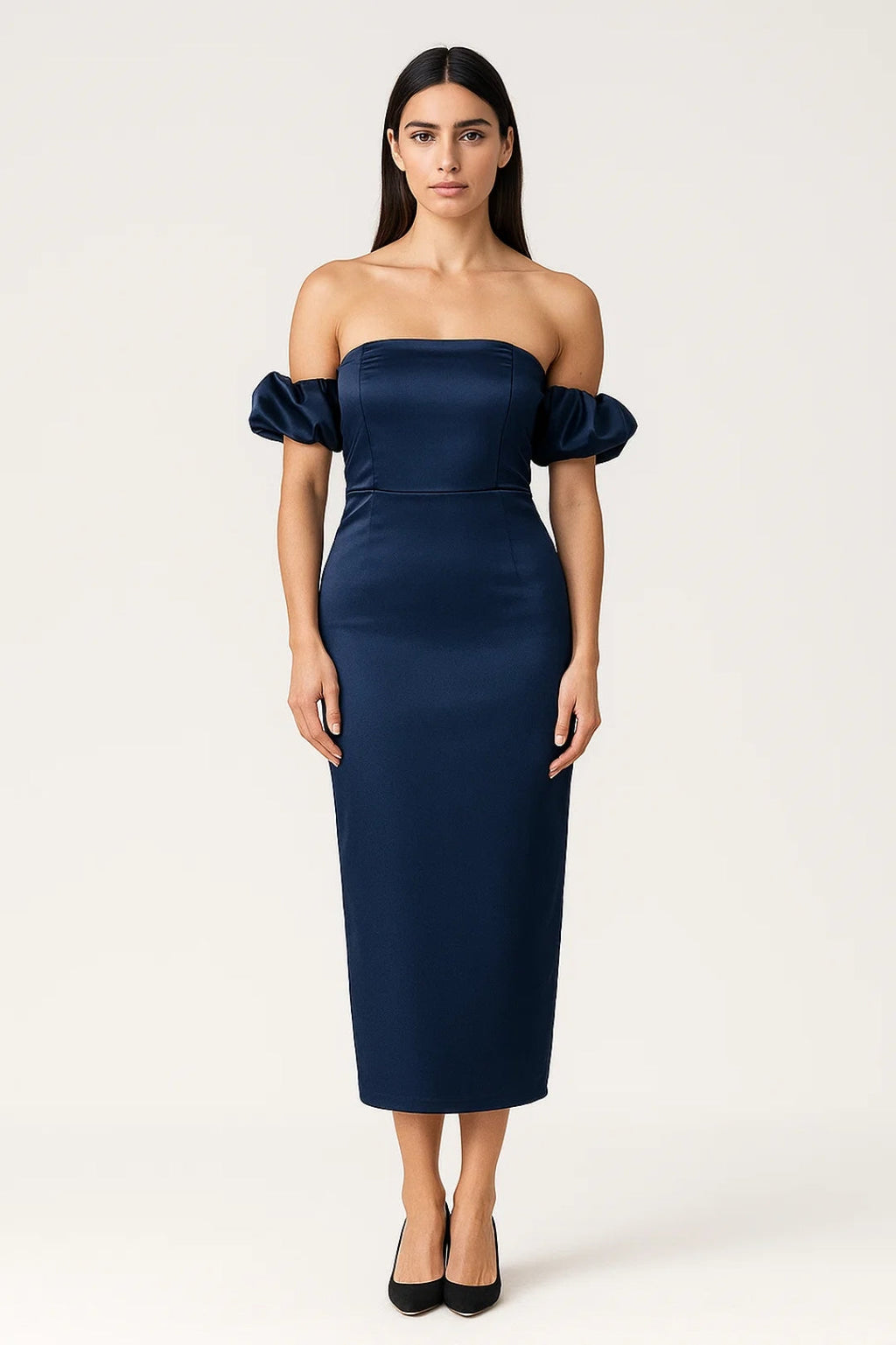 Schulterfreies Midikleid – Elegante Raffinesse mit Puffärmeln