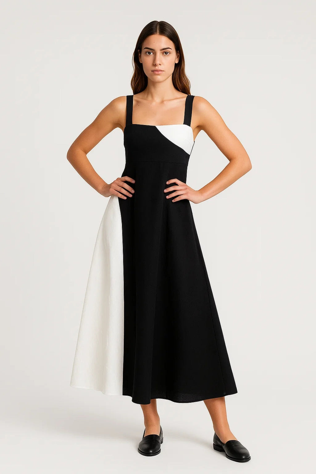 Elegantes Midikleid mit Trägern | Zweifarbiger Kontrast für Ausdrucksstärke