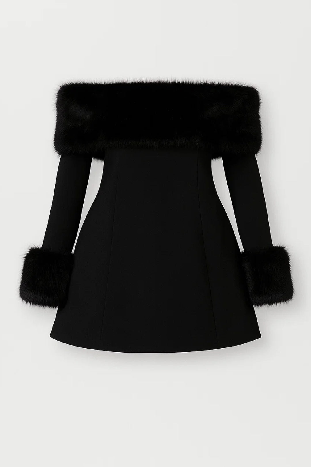 Extravagantes Minikleid | Schulterfrei mit Langarm & Kunstfellbesatz