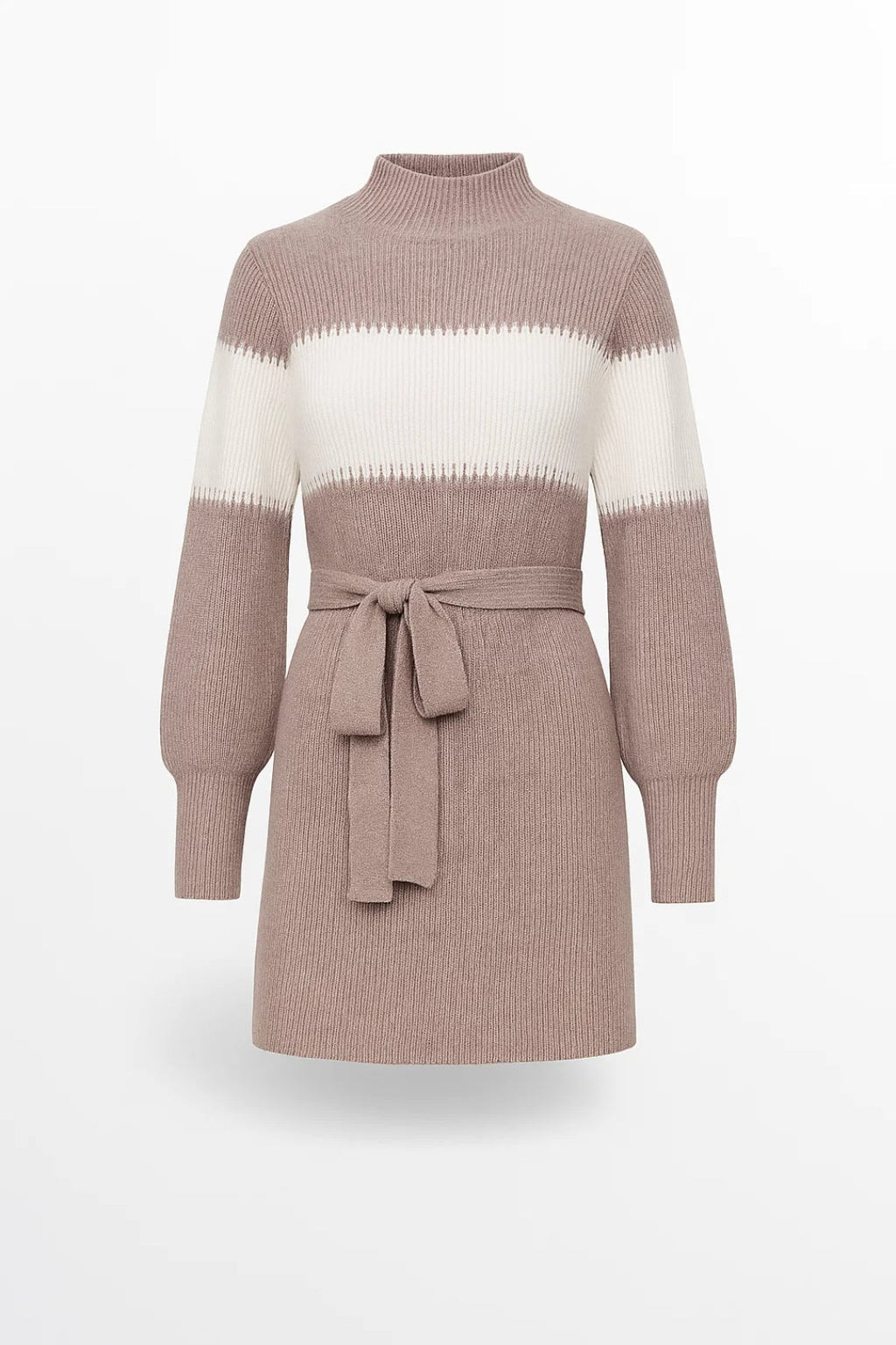 Elegantes Strickkleid mit Bindegürtel – Winterliche Farbblock-Optik