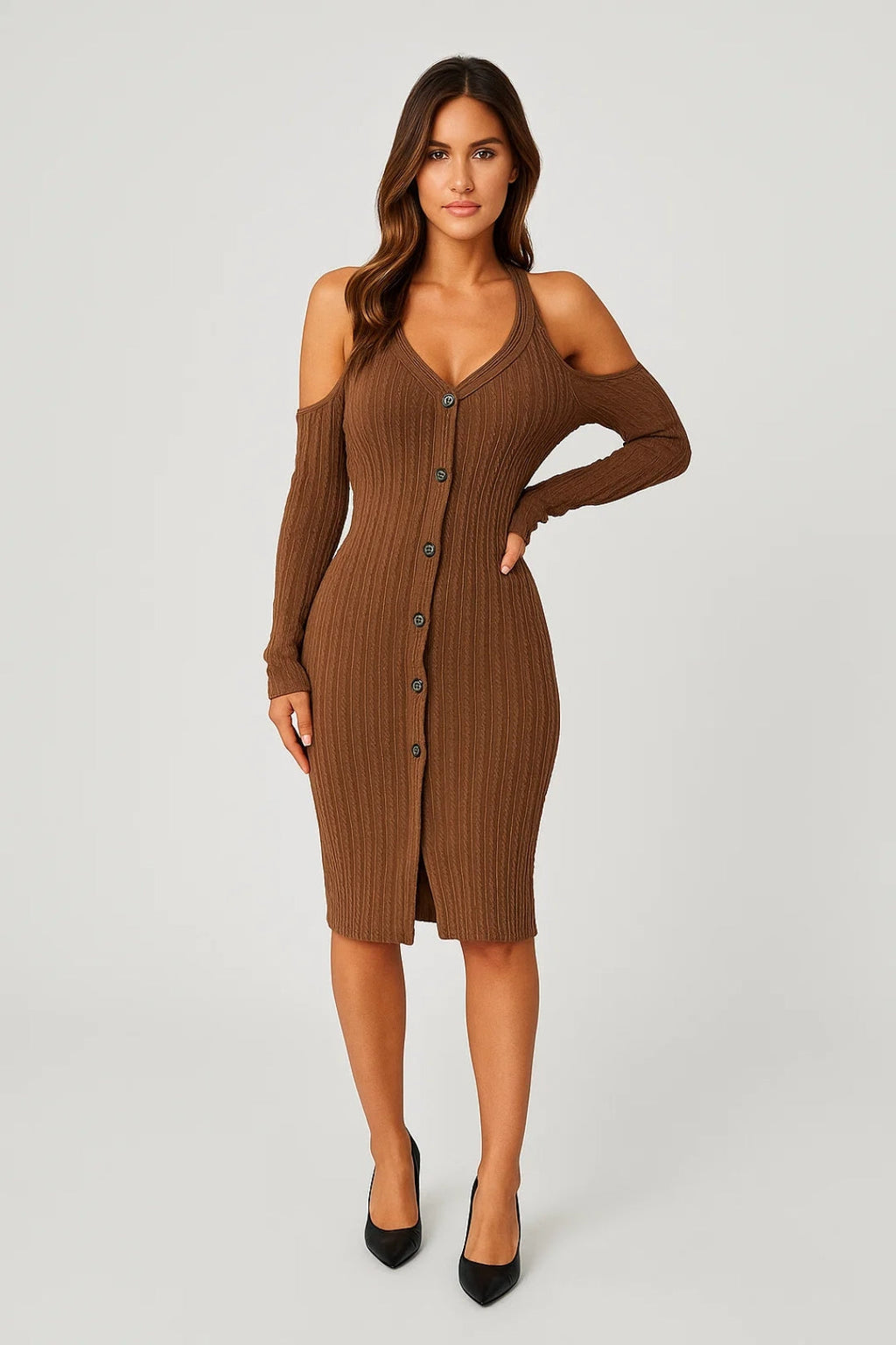 Elegantes Strickkleid | Schulterfrei mit Knopfleiste | Figurbetont & Gemütlich