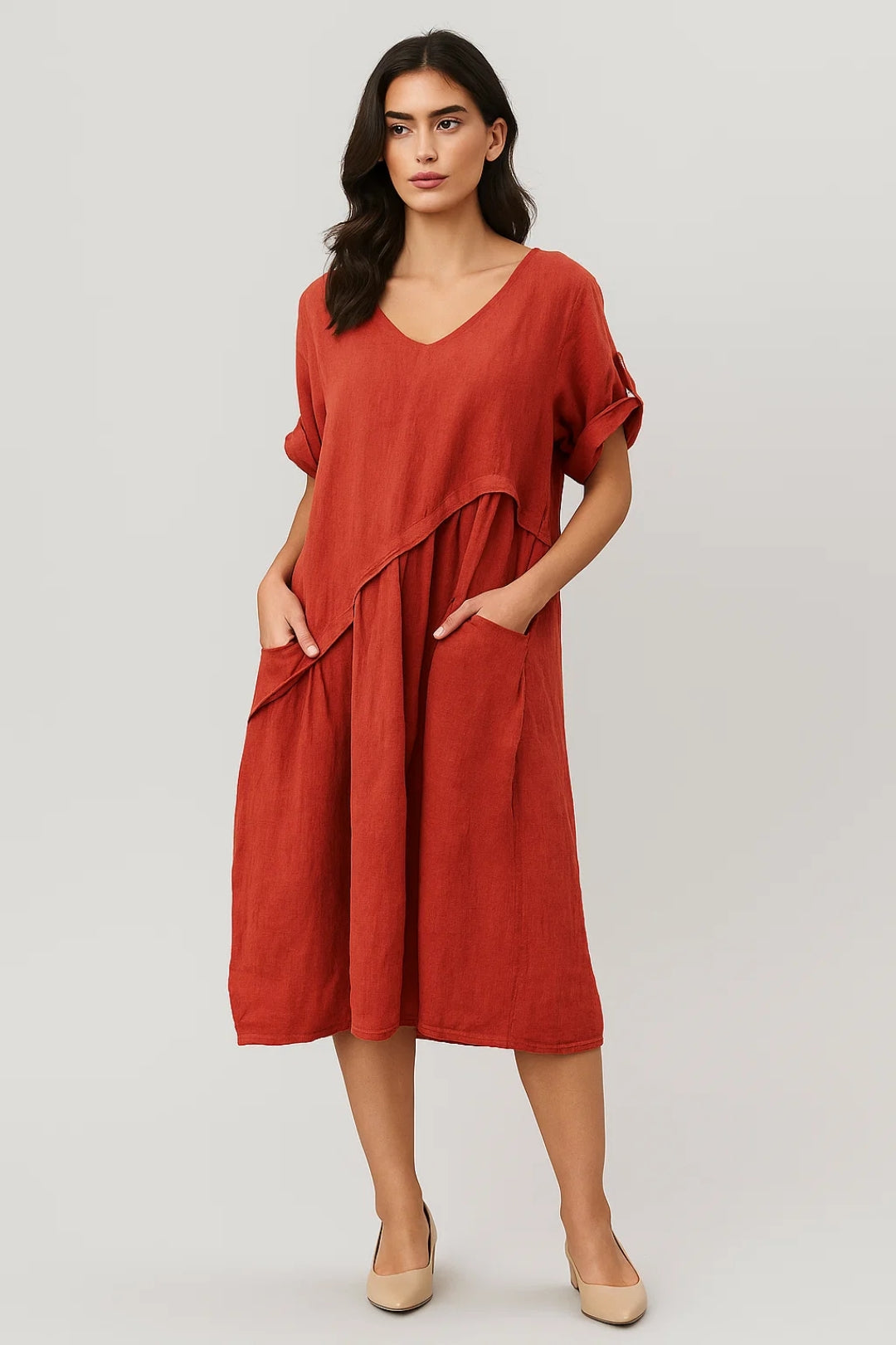 Elegantes Weites Kleid | Kurzarm & V-Ausschnitt für mühelosen Stil