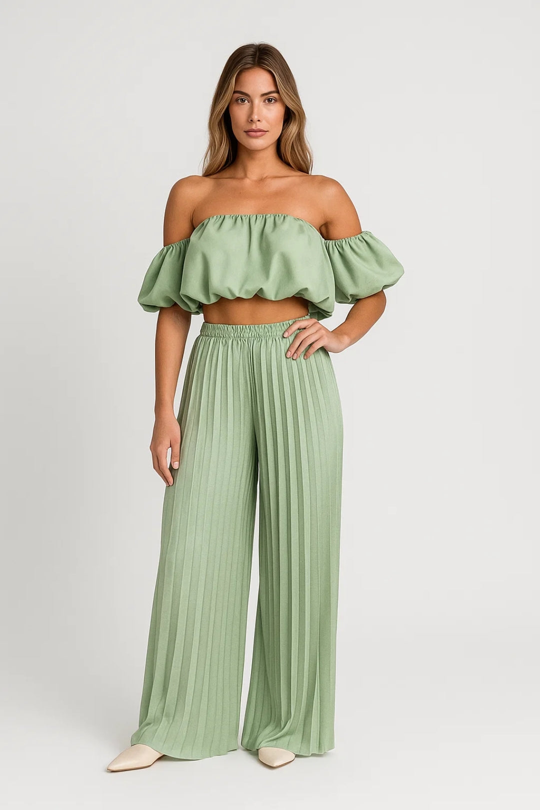 Elegantes Zweiteiliges Set – Off-Shoulder-Top & Plisseehose für den Sommer