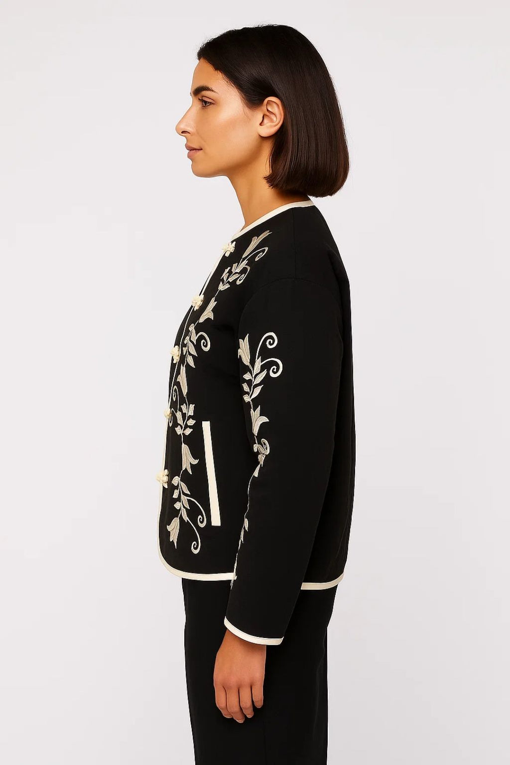 Elegante Kurze Jacke | Florale Stickerei & Hakenverschluss für Stilbewusste