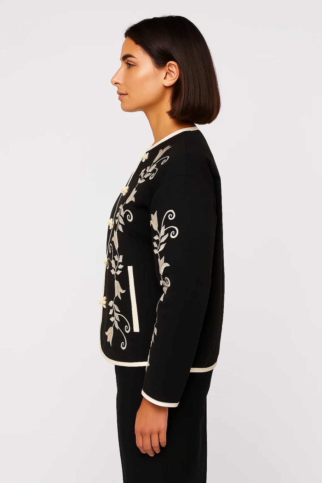 Elegante Kurze Jacke | Florale Stickerei & Hakenverschluss für Stilbewusste