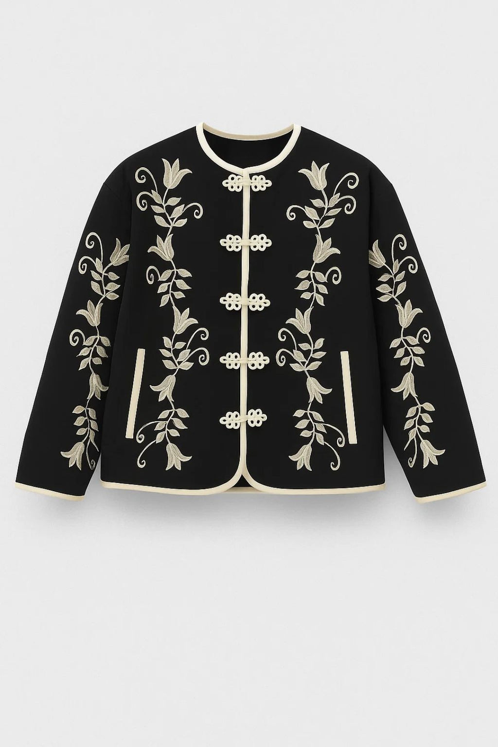 Elegante Kurze Jacke | Florale Stickerei & Hakenverschluss für Stilbewusste