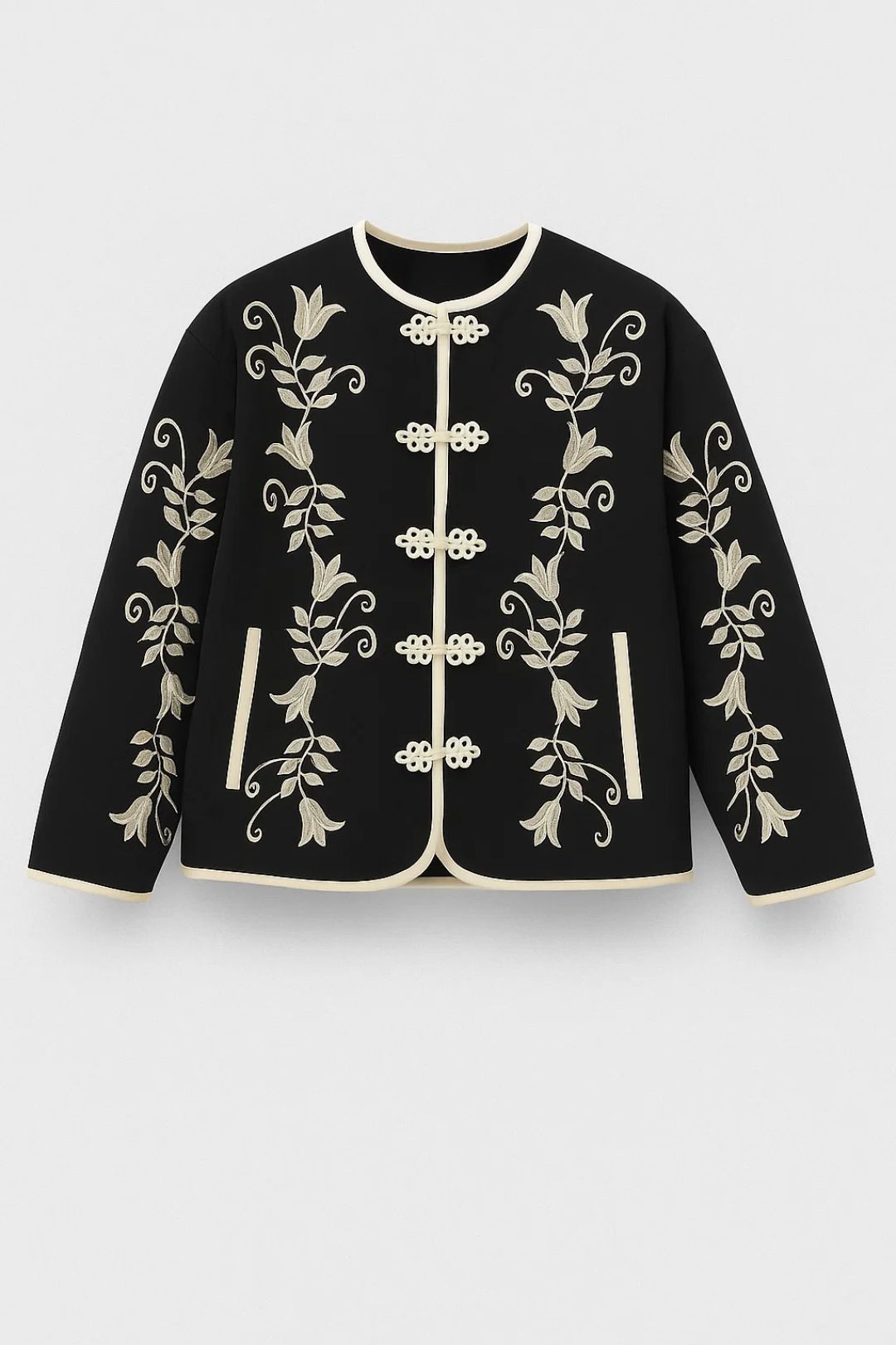 Elegante Kurze Jacke | Florale Stickerei & Hakenverschluss für Stilbewusste