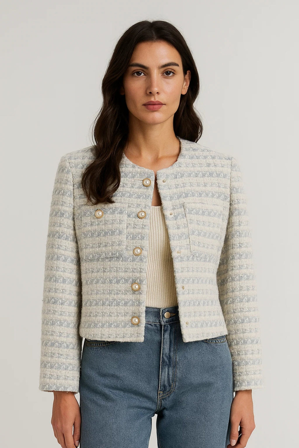 Elegante Bouclé-Jacke | Kurz geschnitten | Perlenknöpfe für stilvolle Auftritte