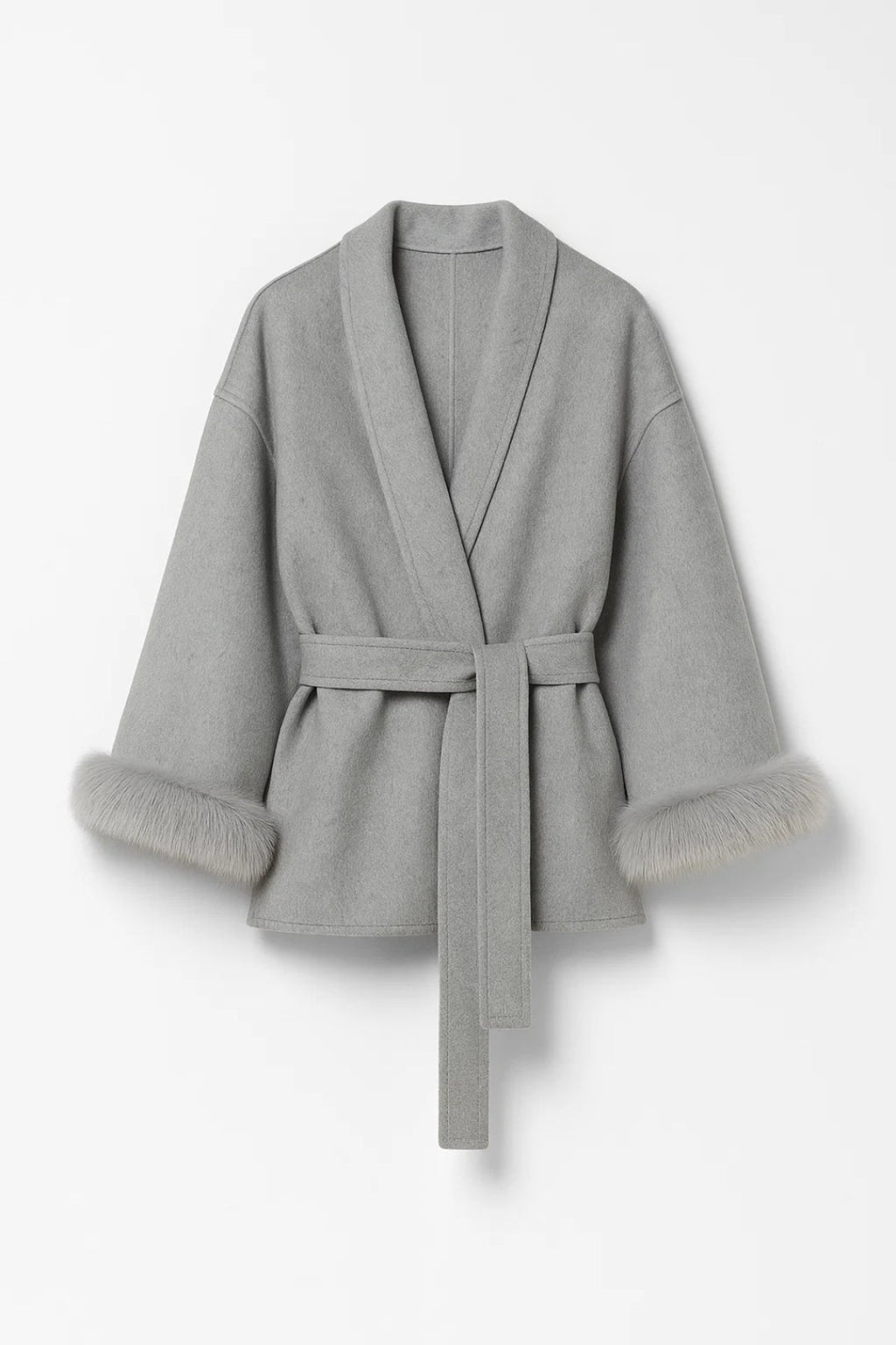 Elegante Wickeljacke mit Bindegürtel – Gemütlicher Kunstfellbesatz