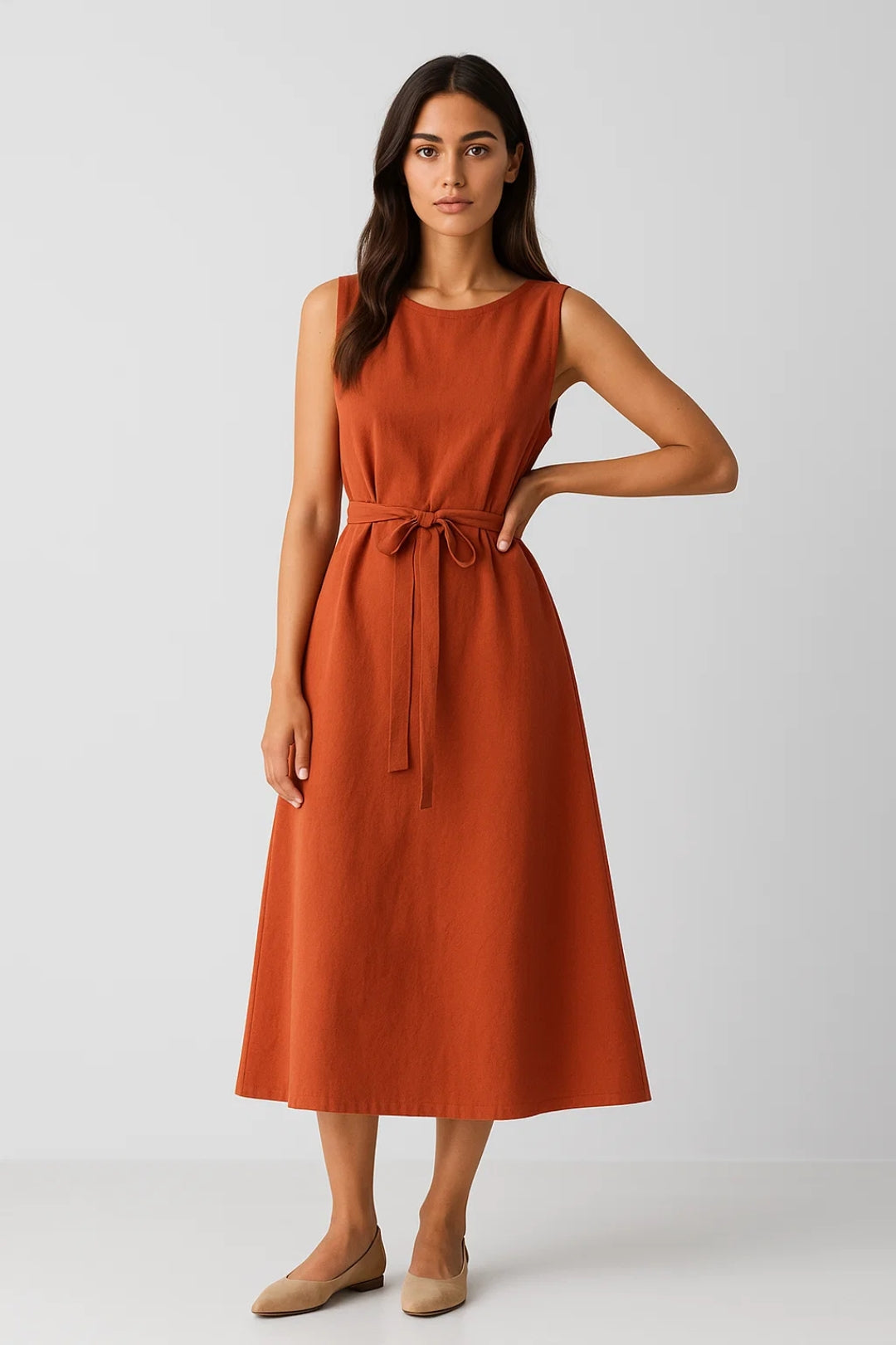 Ärmelloses Midi-Kleid – Zeitlose Eleganz mit Bindegürtel für jeden Anlass