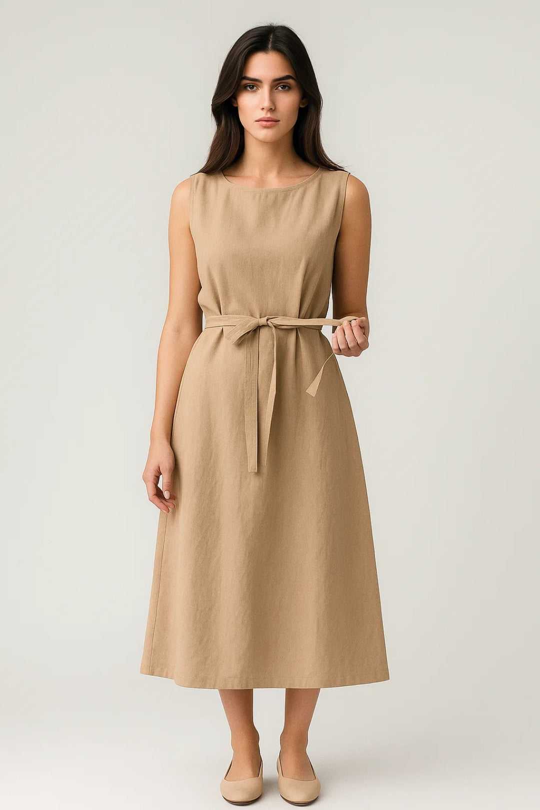 Ärmelloses Midi-Kleid – Zeitlose Eleganz mit Bindegürtel für jeden Anlass