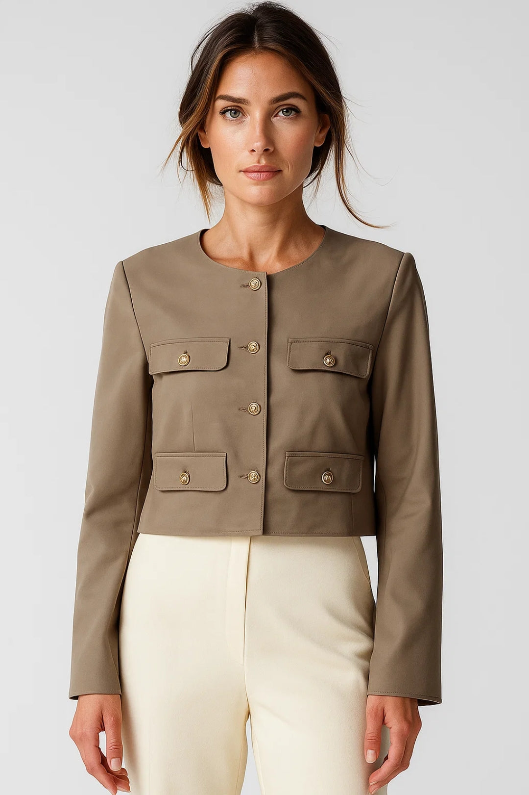 Elegante Cropped Blazerjacke | Goldknöpfe | In Weiß, Schwarz & Taupe