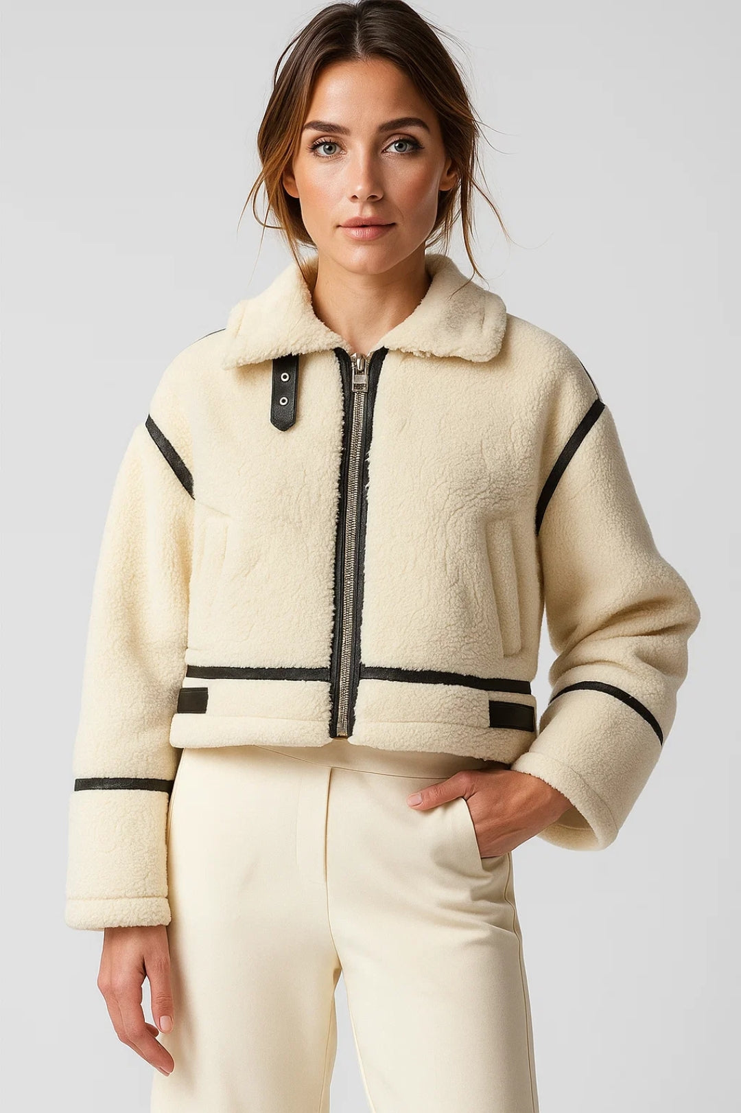Stylische Kurzjacke – Gemütlich in Creme mit Kontrastdetails