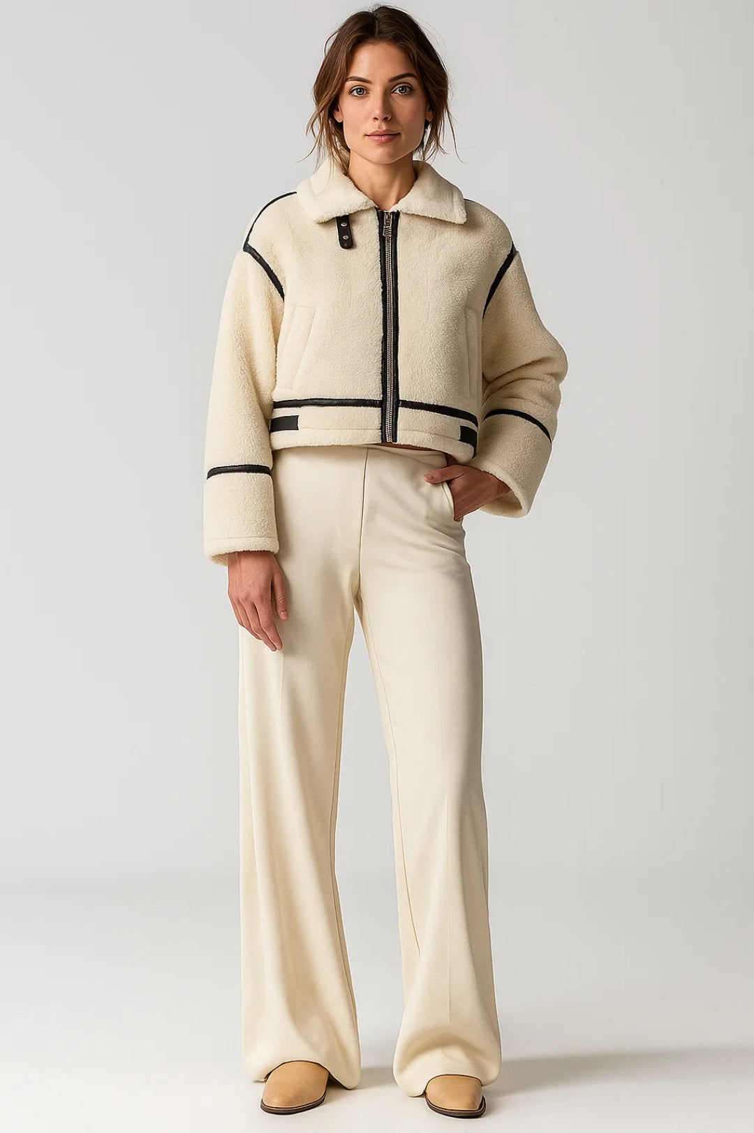 Stylische Kurzjacke – Gemütlich in Creme mit Kontrastdetails